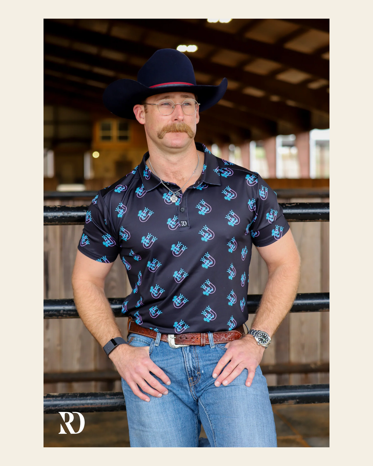 Buckle Bunny Men's Performance Polo on a warm cream background