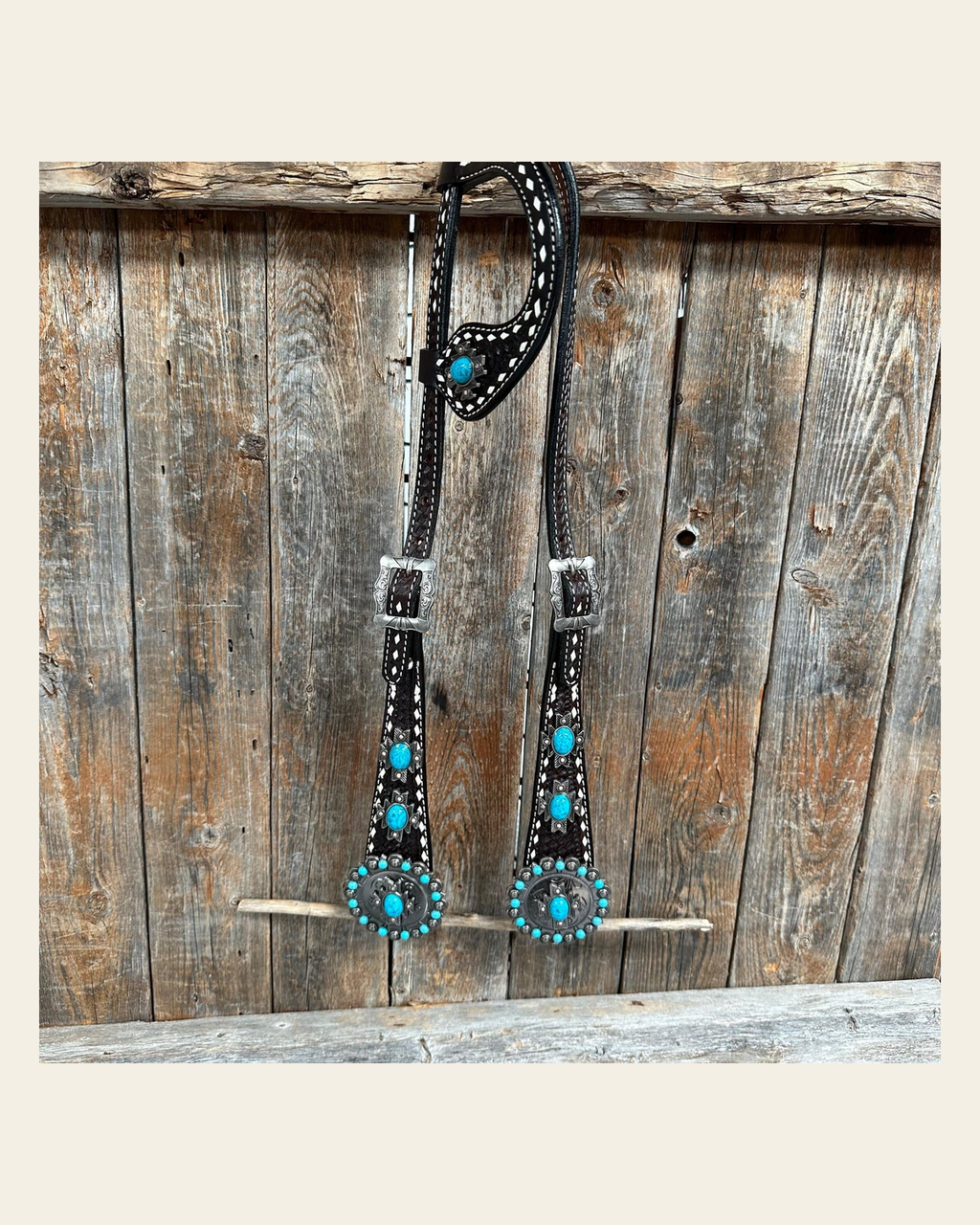 Buckstitch Southwest Turquoise Headstall / Bridle #OE119 on a warm cream background