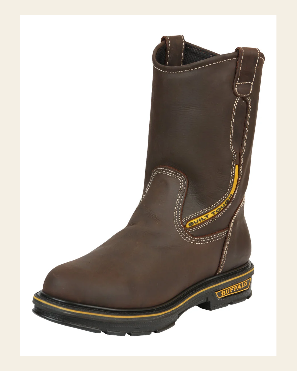 Buffalo & Bull Men’s Leather Work Boots - Made in Mexico - Crazy Cafe Brown 123034 on a warm cream background