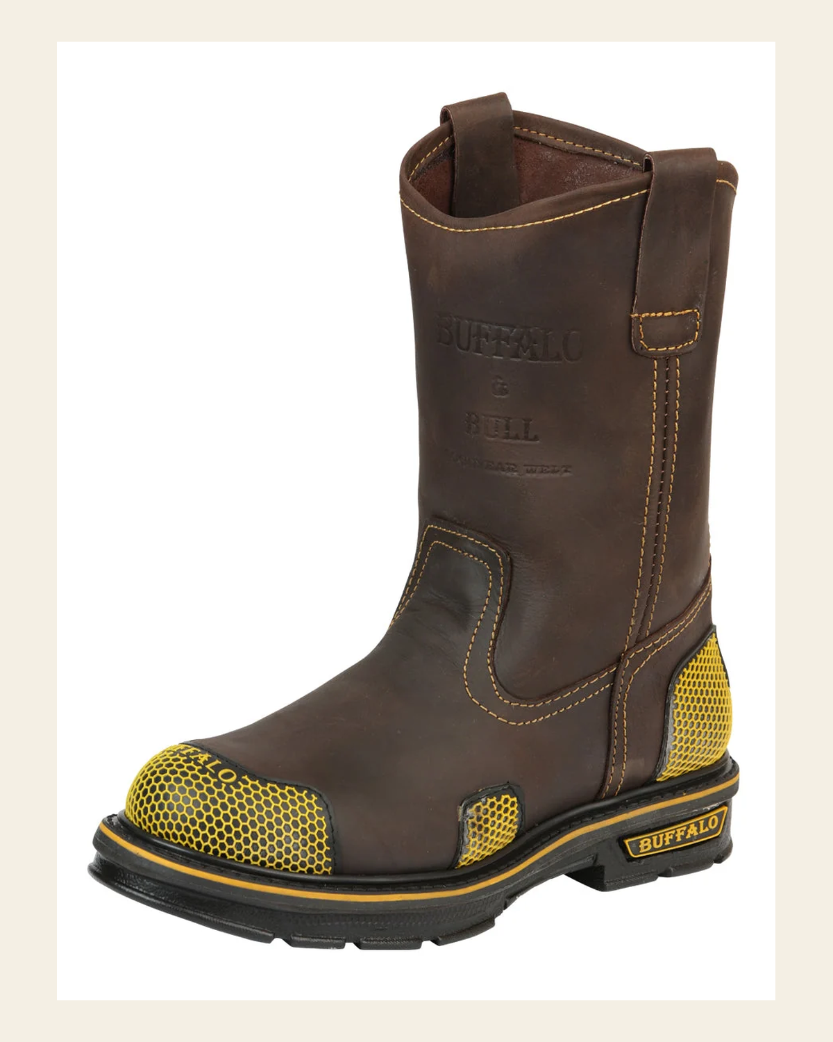 Buffalo & Bull Men’s Work Boots - Brown/Yellow 123031 on a warm cream background