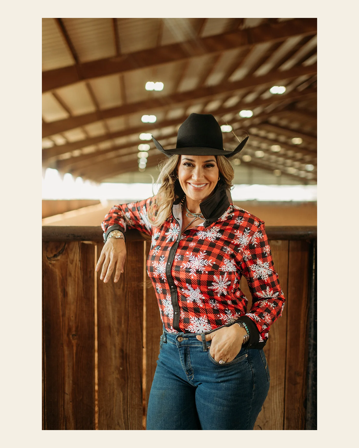 Buffalo Snowflake Performance Rodeo Shirt on a warm cream background