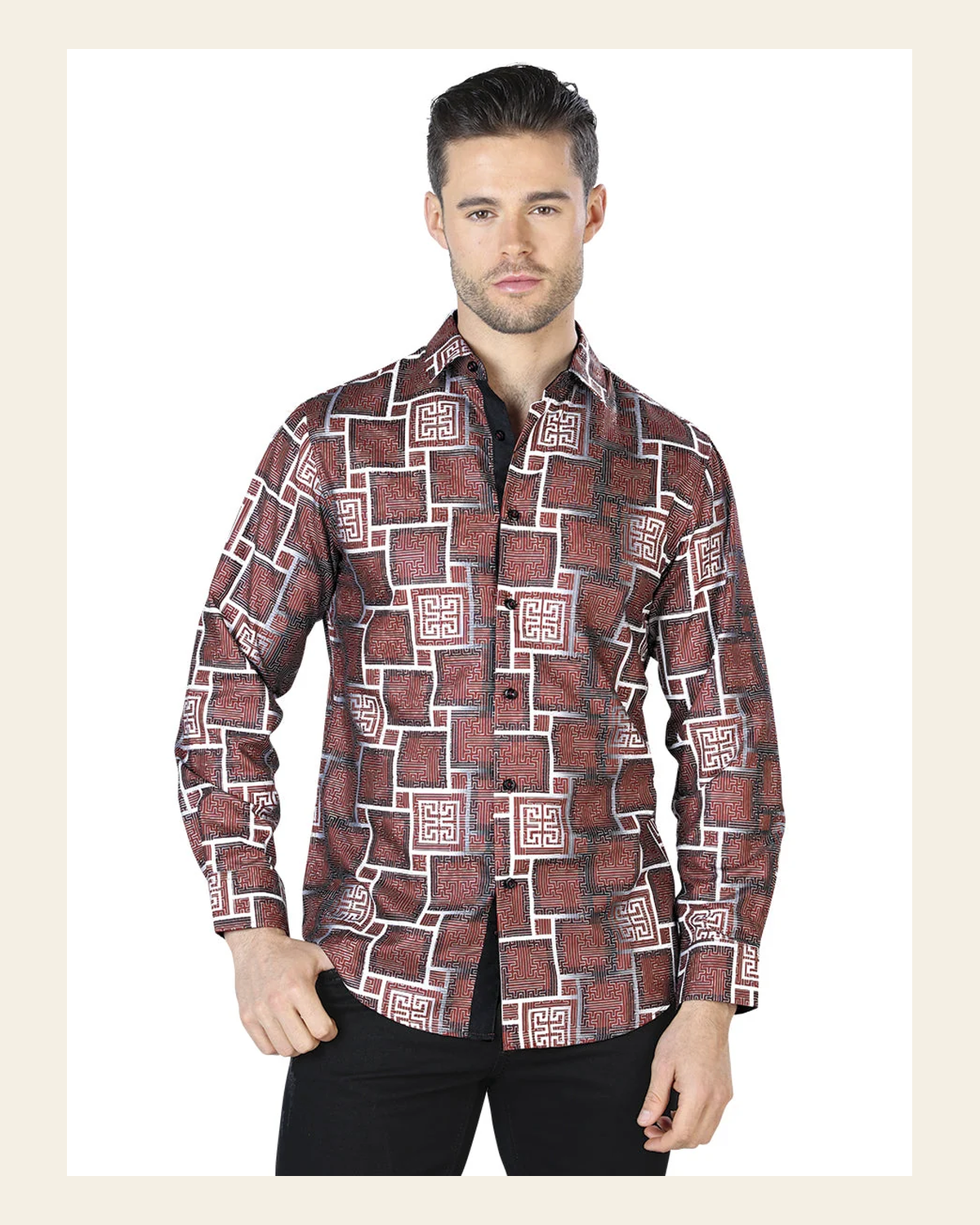 Burgandy Casual Long Sleeve Shirt 44006 on a warm cream background