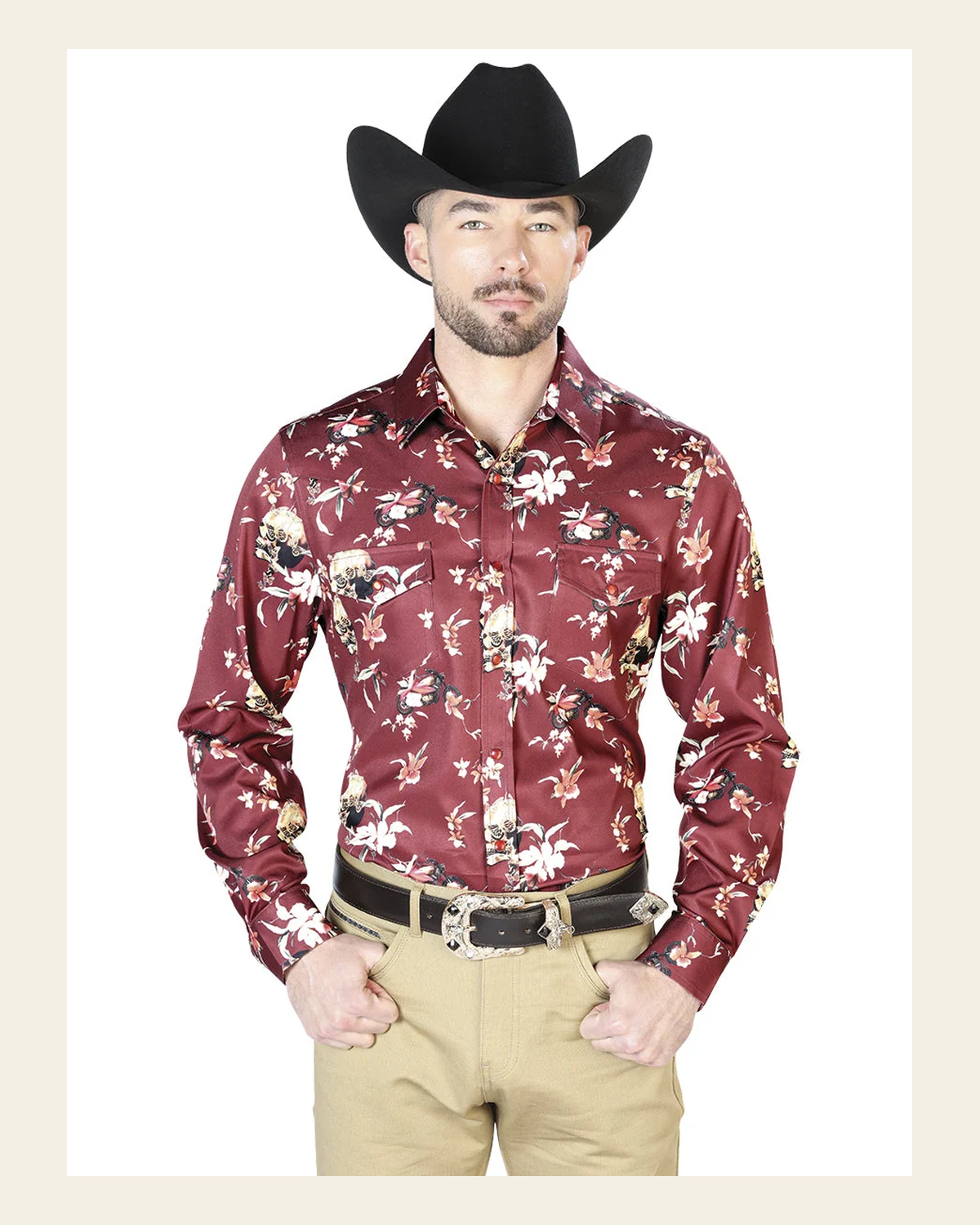 Burgandy Flowers Casual Long Sleeve Shirts 43951 on a warm cream background