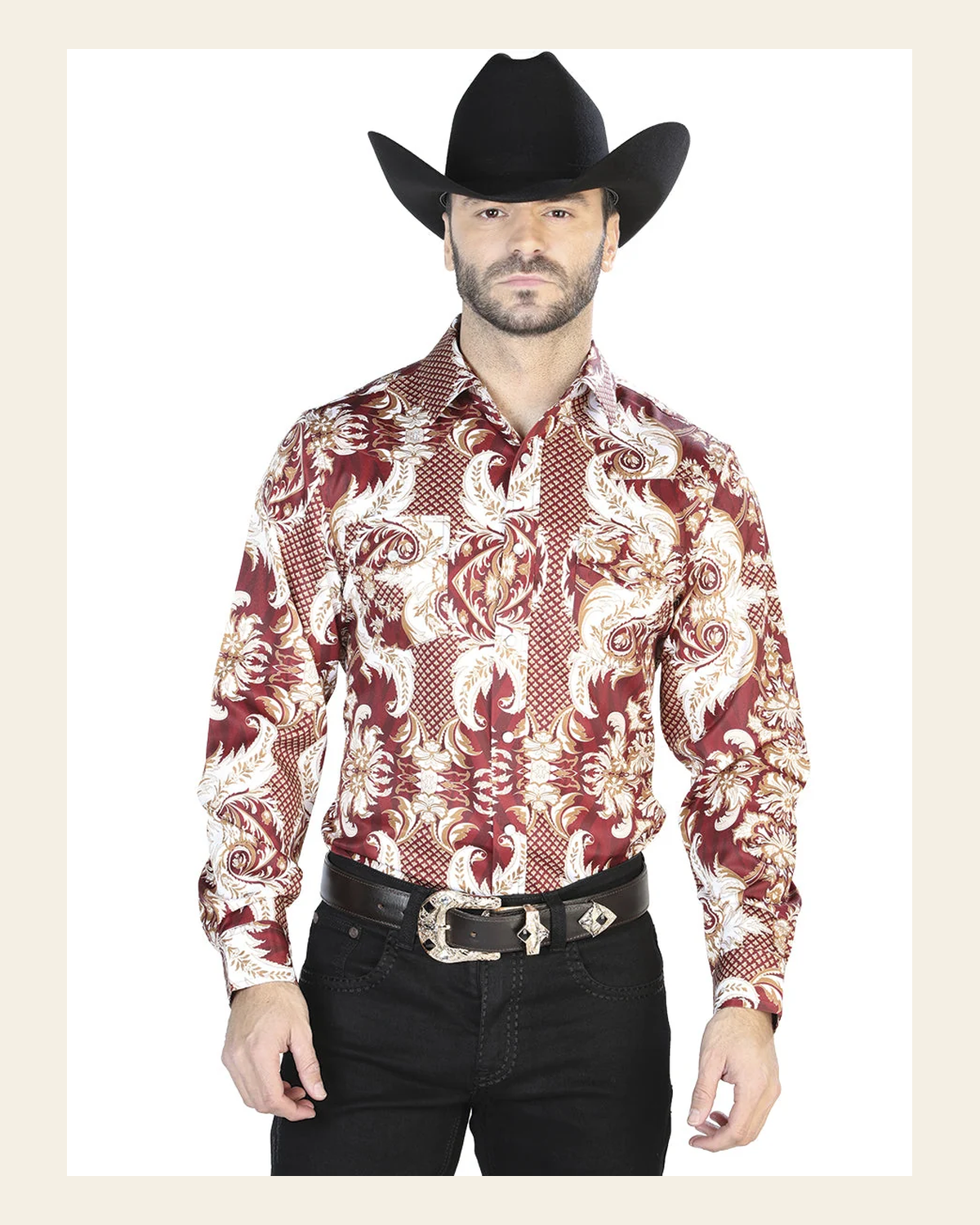 Burgundy And Gold Casual Long Sleeve Shirt 44071 on a warm cream background