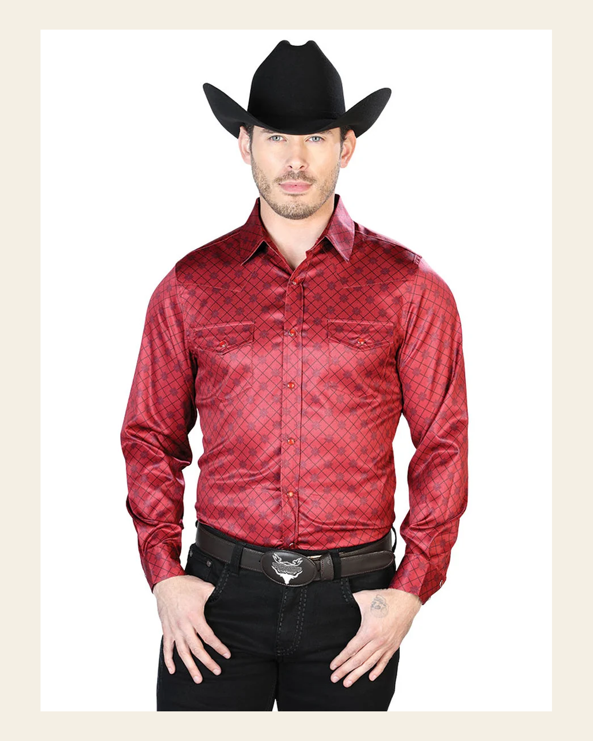 Burgundy Casual Long Sleeve Shirt 43955 on a warm cream background