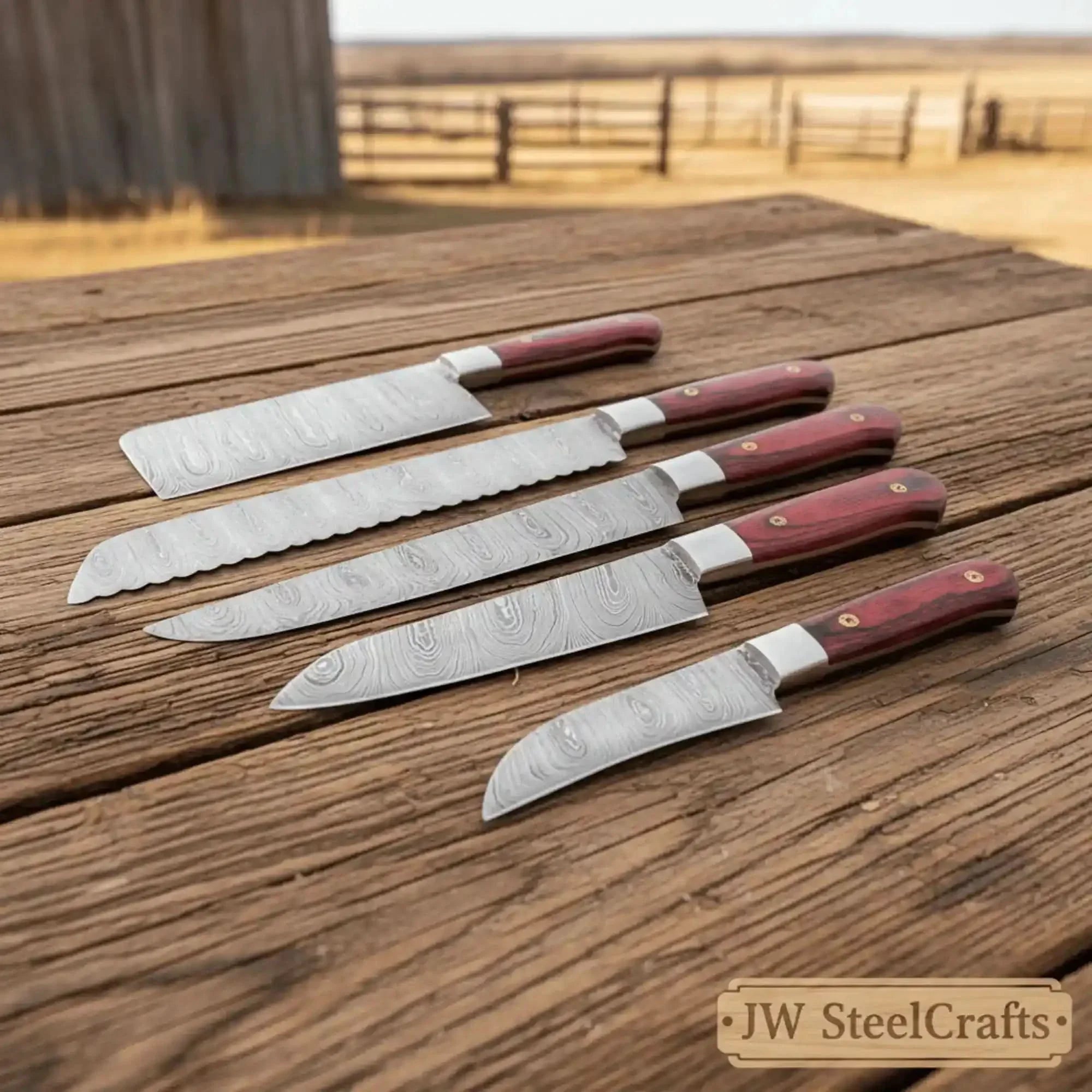 5-Piece Handcrafted Damascus Steel Knife Set: Cleaver, Bread, Chef, Utility, Paring
