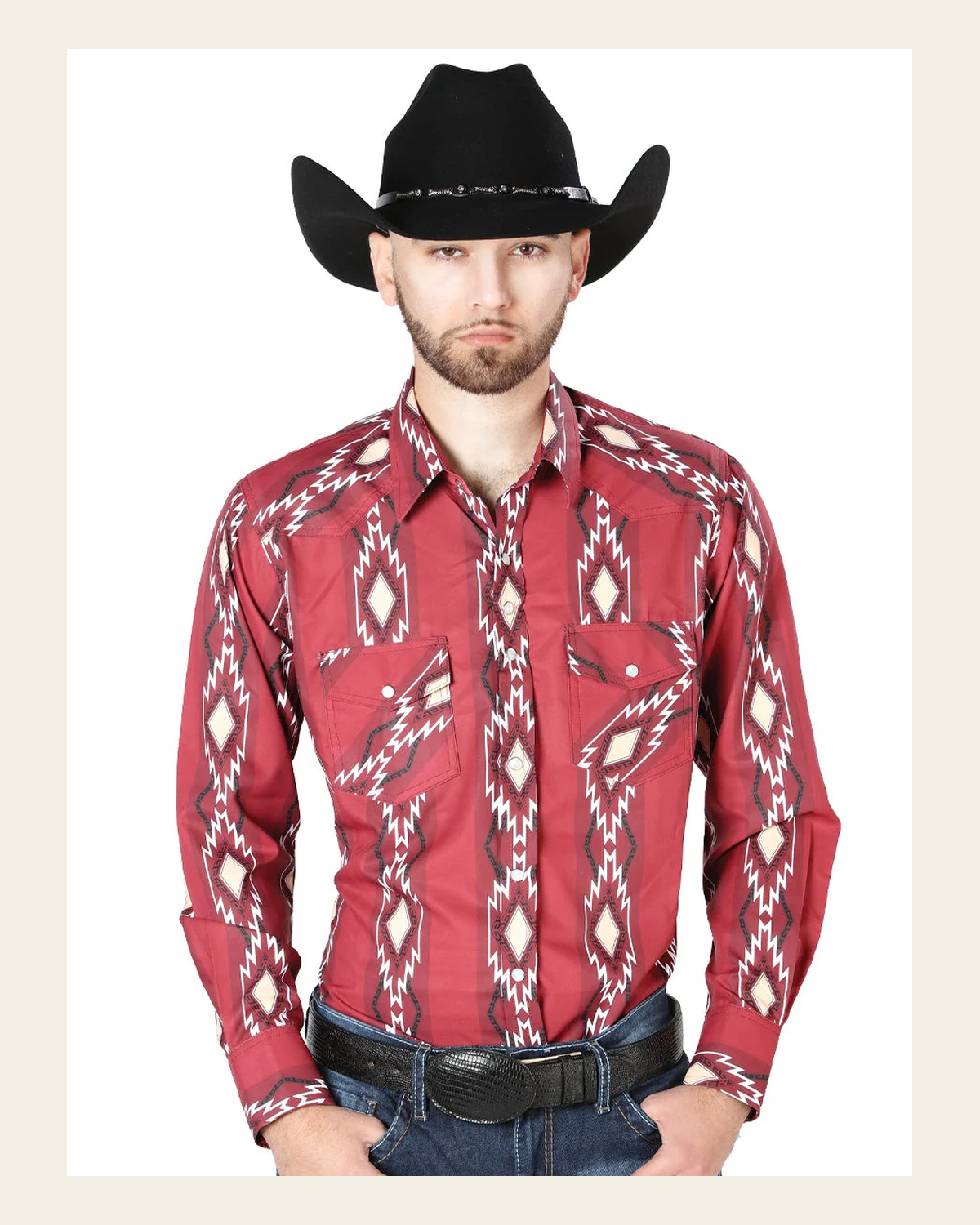 Men's Long Sleeve Western Fashion Snap Button Shirt - Red 44216 on a warm cream background