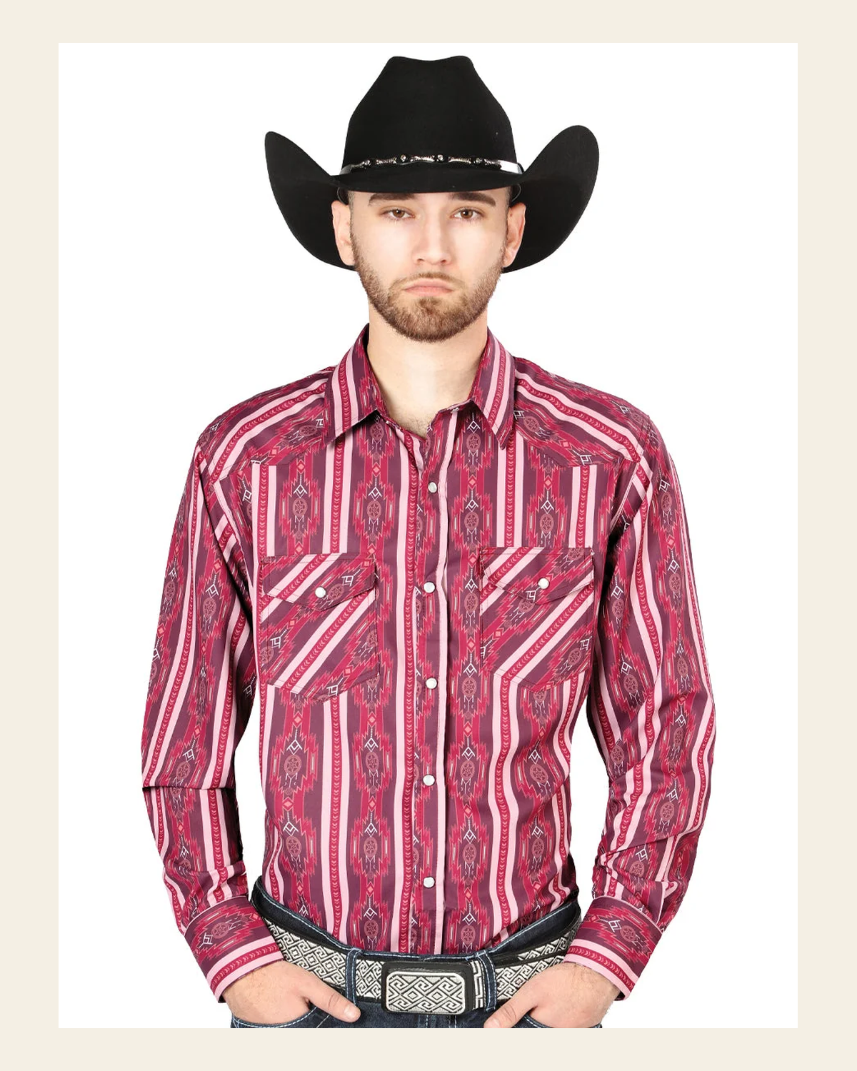 Men's Long Sleeve Western Fashion Snap Button Shirt - Red/Burgundy 44221 on a warm cream background