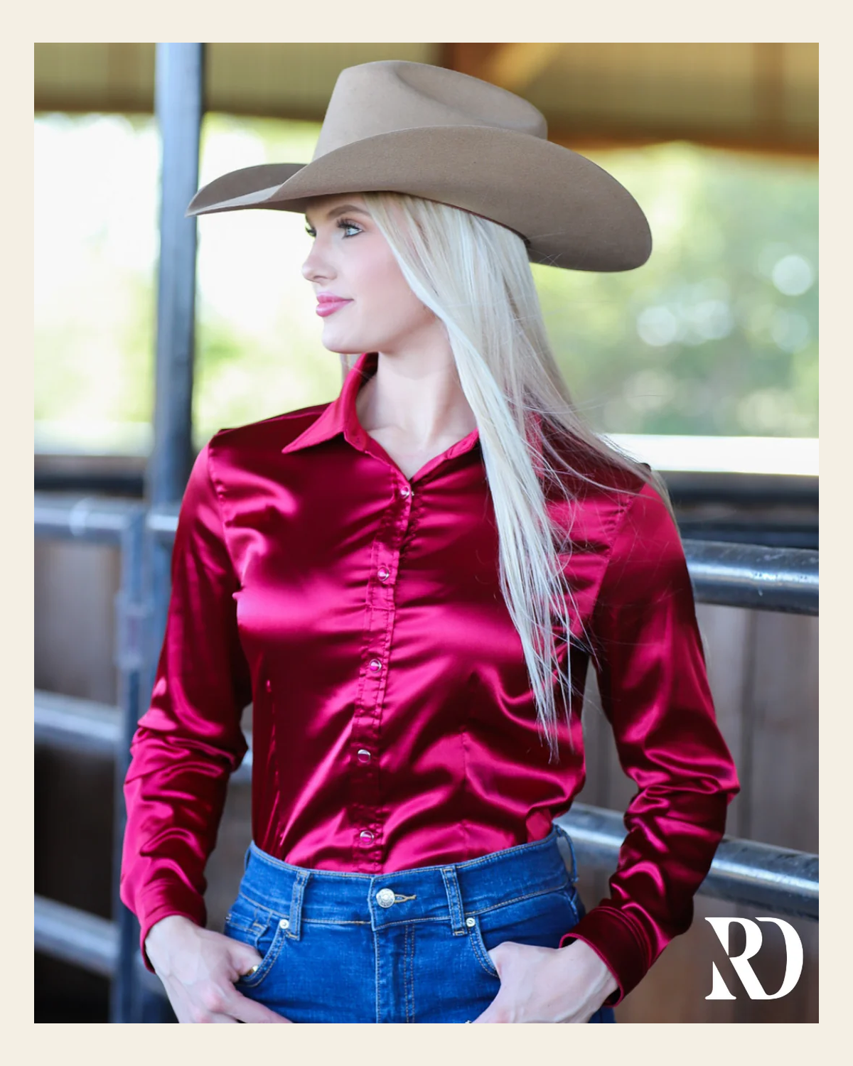 Burgundy Satin Performance Rodeo Shirt on a warm cream background