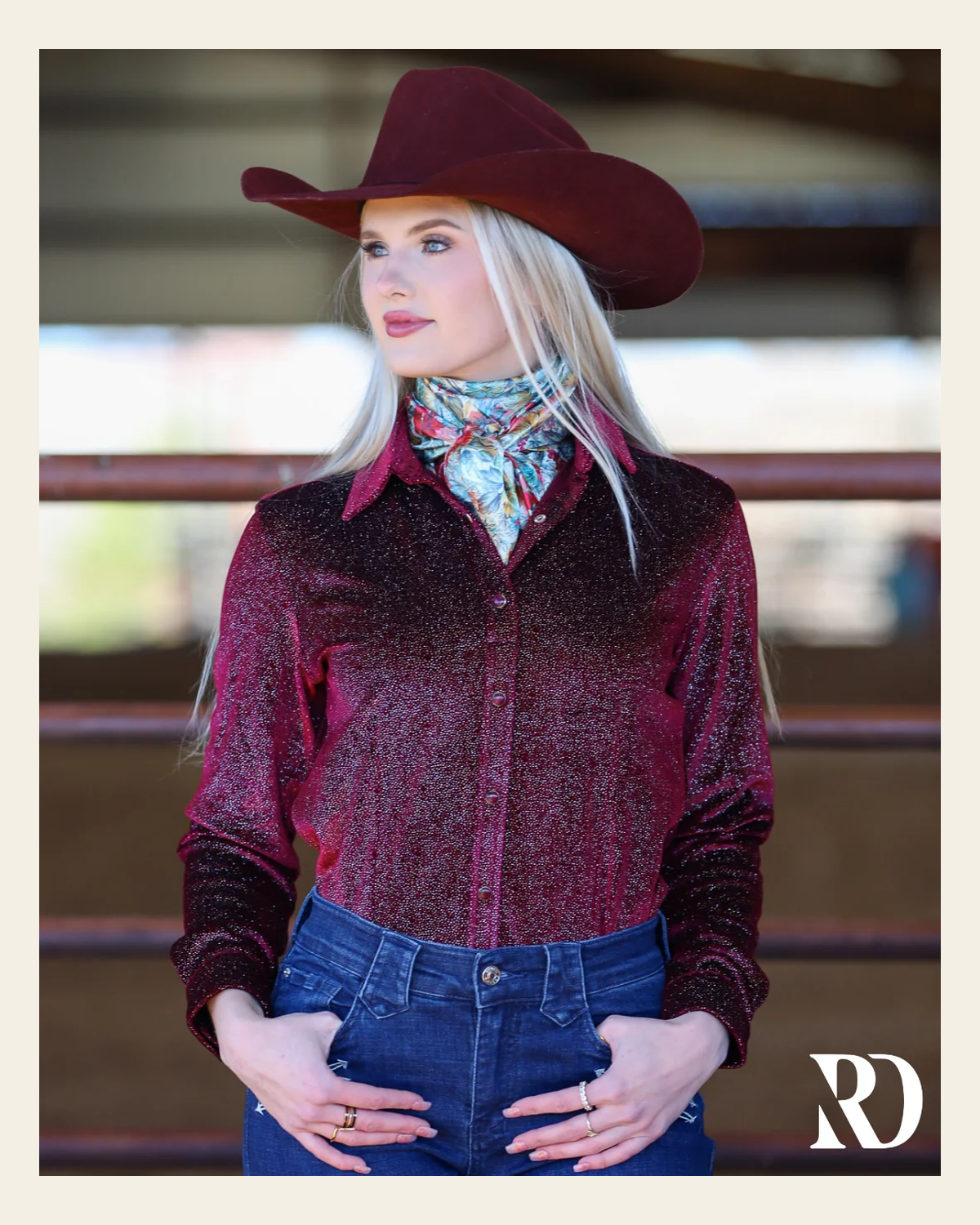 Burgundy Velvet Sparkle Performance Rodeo Shirt on a warm cream background