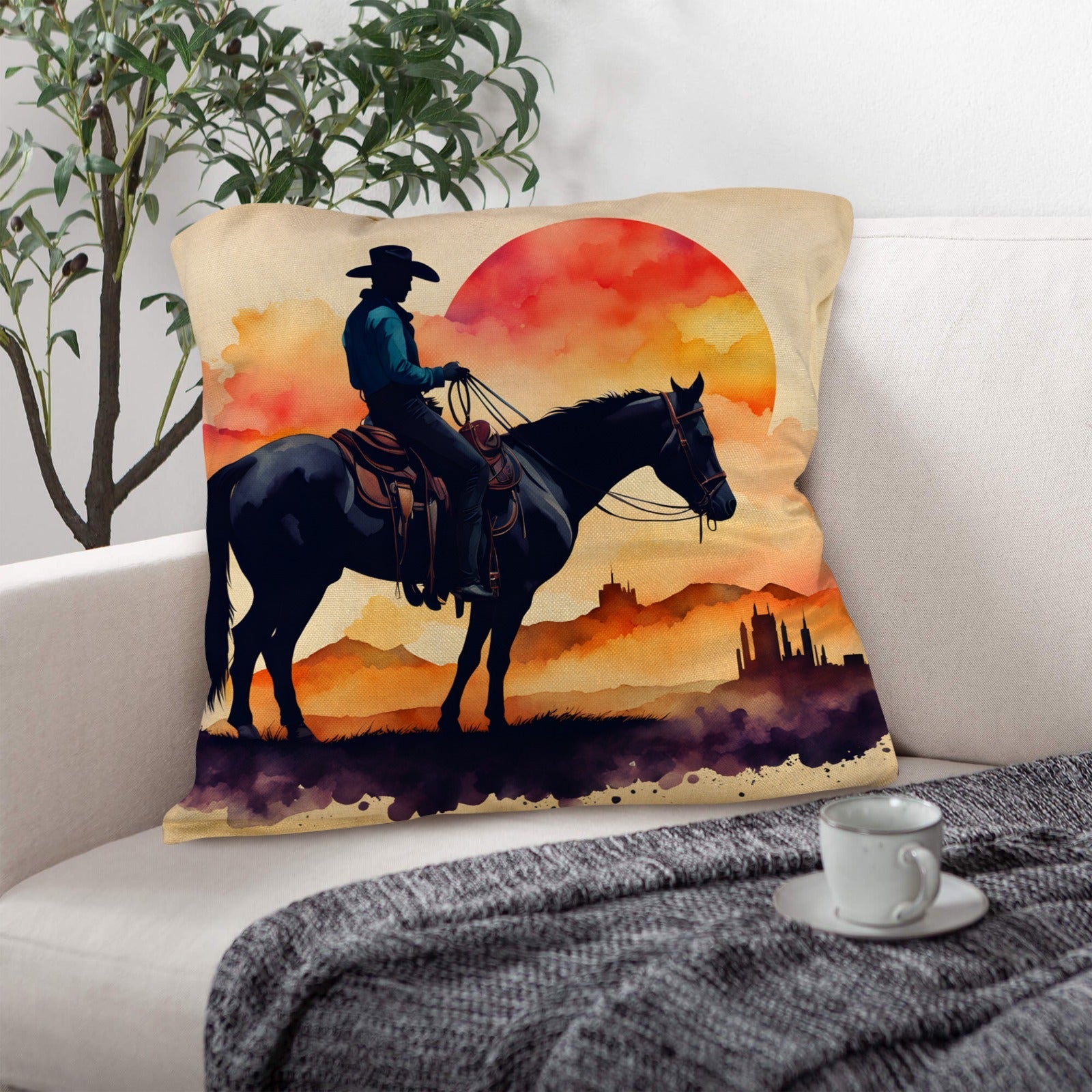 Baha Ranch Watercolor Desert Cowboy Throw Pillow Case Made in America by Baha Ranch Western Wear