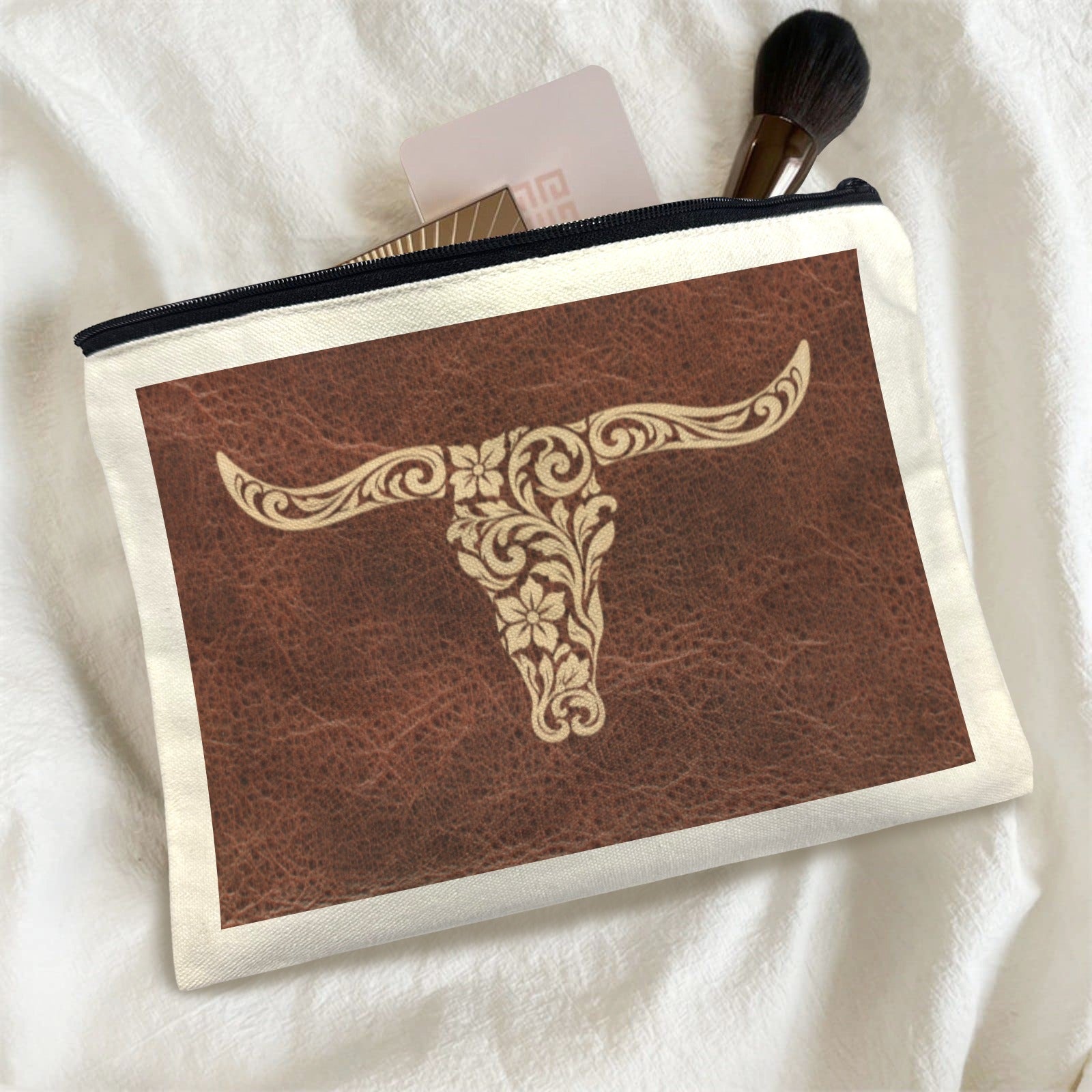 Baha Ranch Tooled Longhorn Set of 5 bags Cosmetic Bag Made in America by Baha Ranch Western Wear