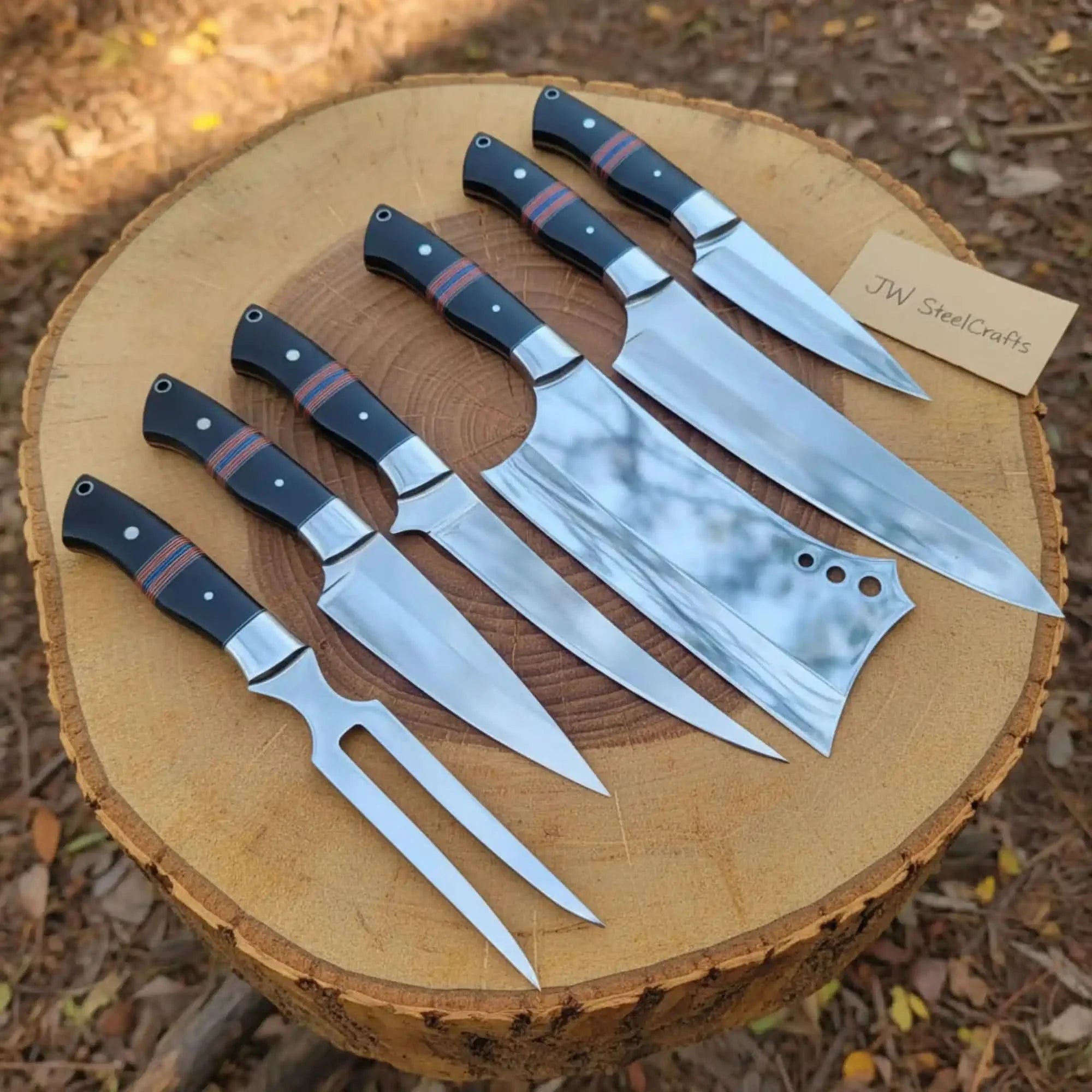 6-Piece J2 Steel Kitchen Knife Set — Chef, Cleaver, Santoku, Utility, Paring & Carving Fork with Black Resin Rosewood Handles