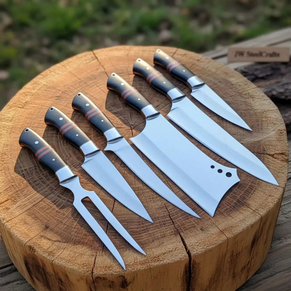6-Piece J2 Steel Kitchen Knife Set — Chef, Cleaver, Santoku, Utility, Paring & Carving Fork with Black Resin Rosewood Handles