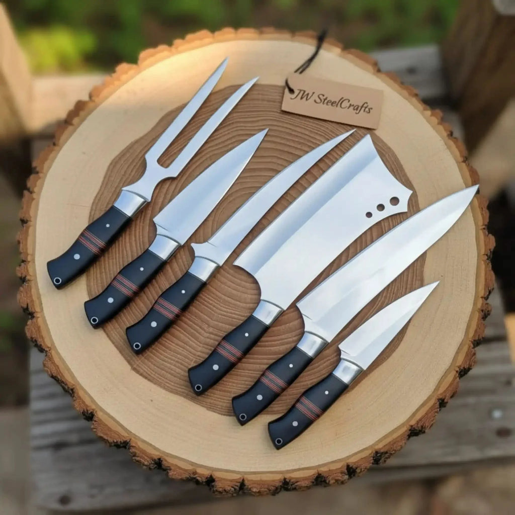 6-Piece J2 Steel Kitchen Knife Set — Chef, Cleaver, Santoku, Utility, Paring & Carving Fork with Black Resin Rosewood Handles