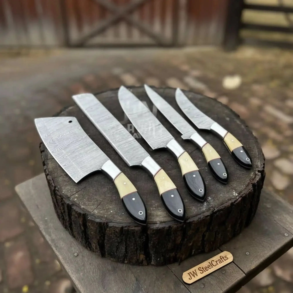 5-Piece Damascus Chef Knife Set – Camel Bone and Black Micarta Handles