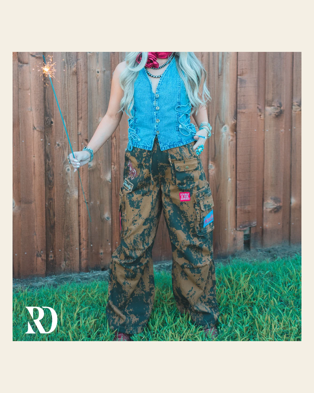 Camo Patchwork Cargo | Pants on a warm cream background