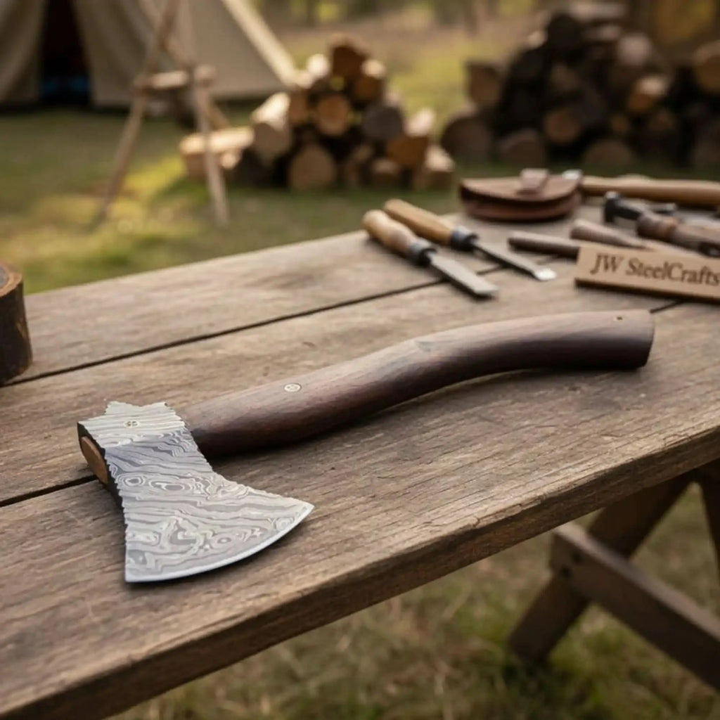 Hollow Pine Damascus Axe with Rosewood Handle