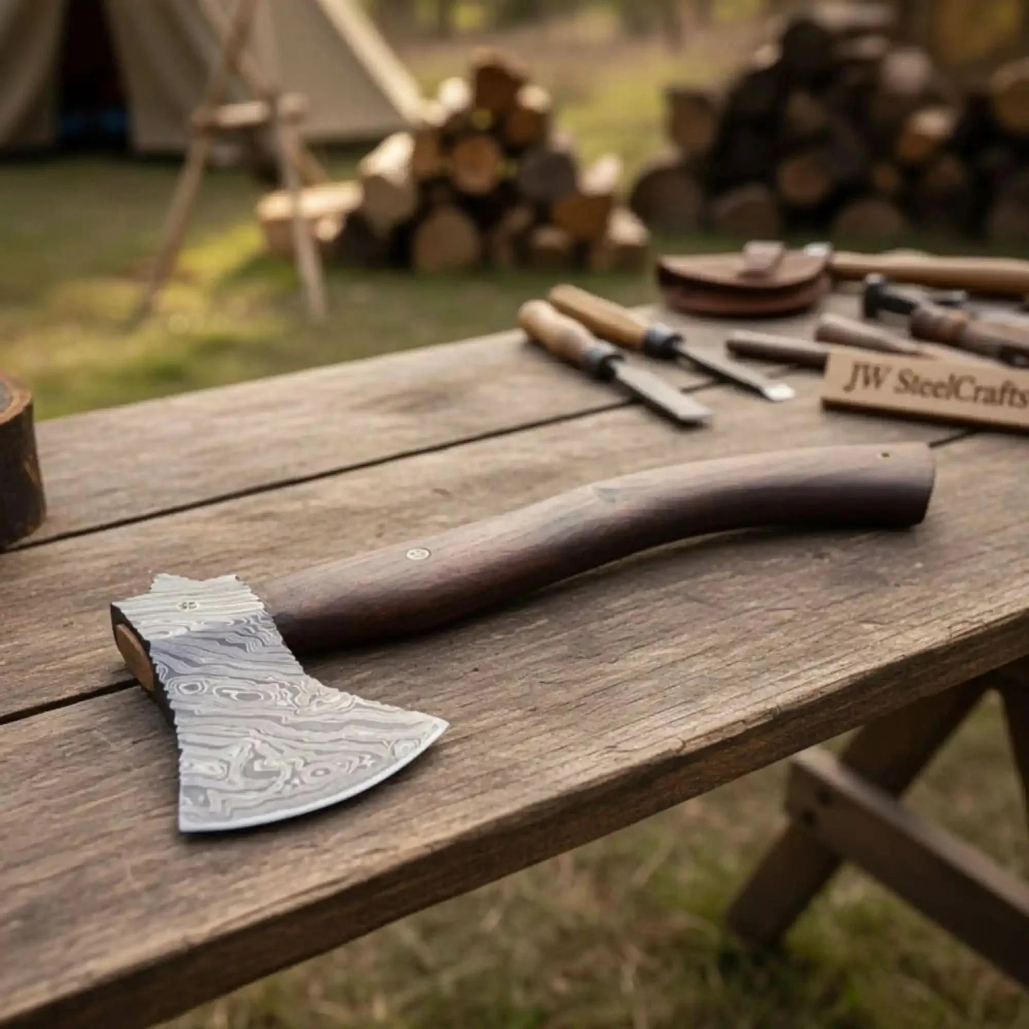 Hollow Pine Damascus Axe with Rosewood Handle