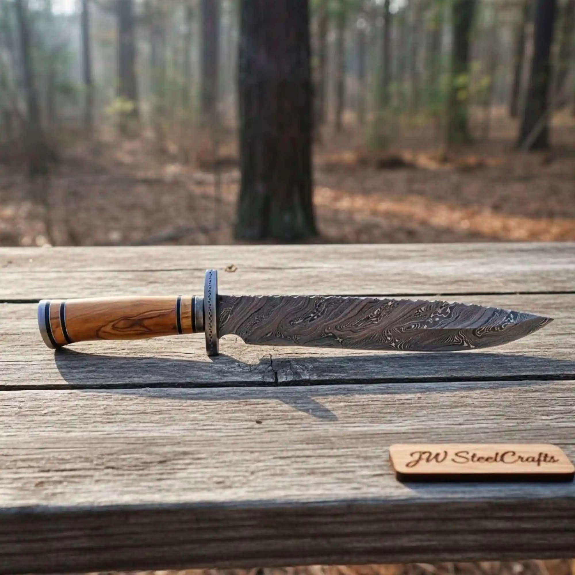 Frontier Damascus Clip Point Bowie Knife with Ash Wood Handle | JW SteelCrafts