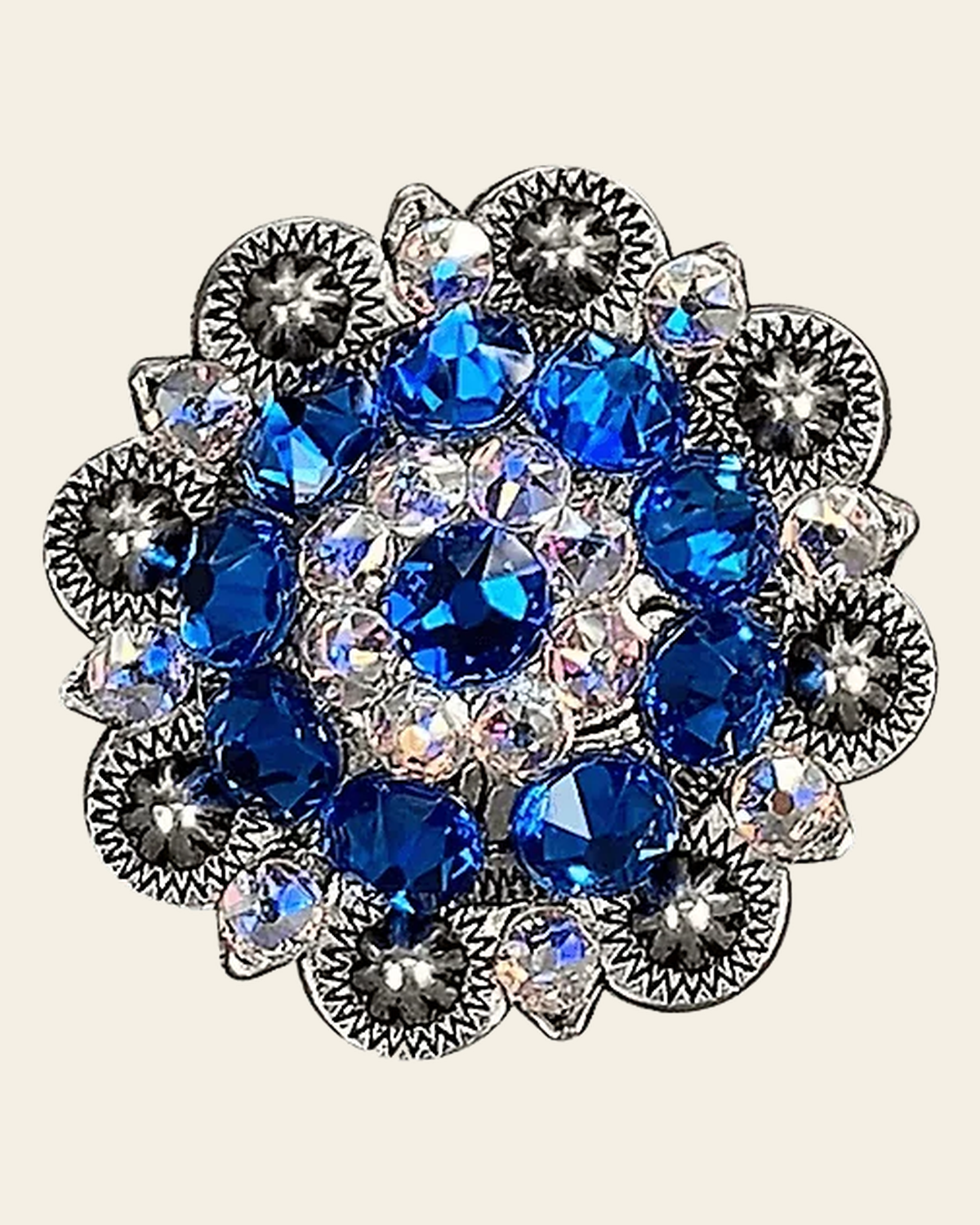 Capri & AB Antique Silver 1.5" European Crystal Concho on a warm cream background