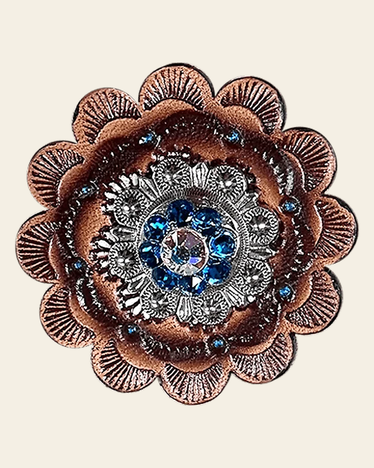 Capri & AB Antique Silver 1" European Crystal Concho and Leather Rosette on a warm cream background
