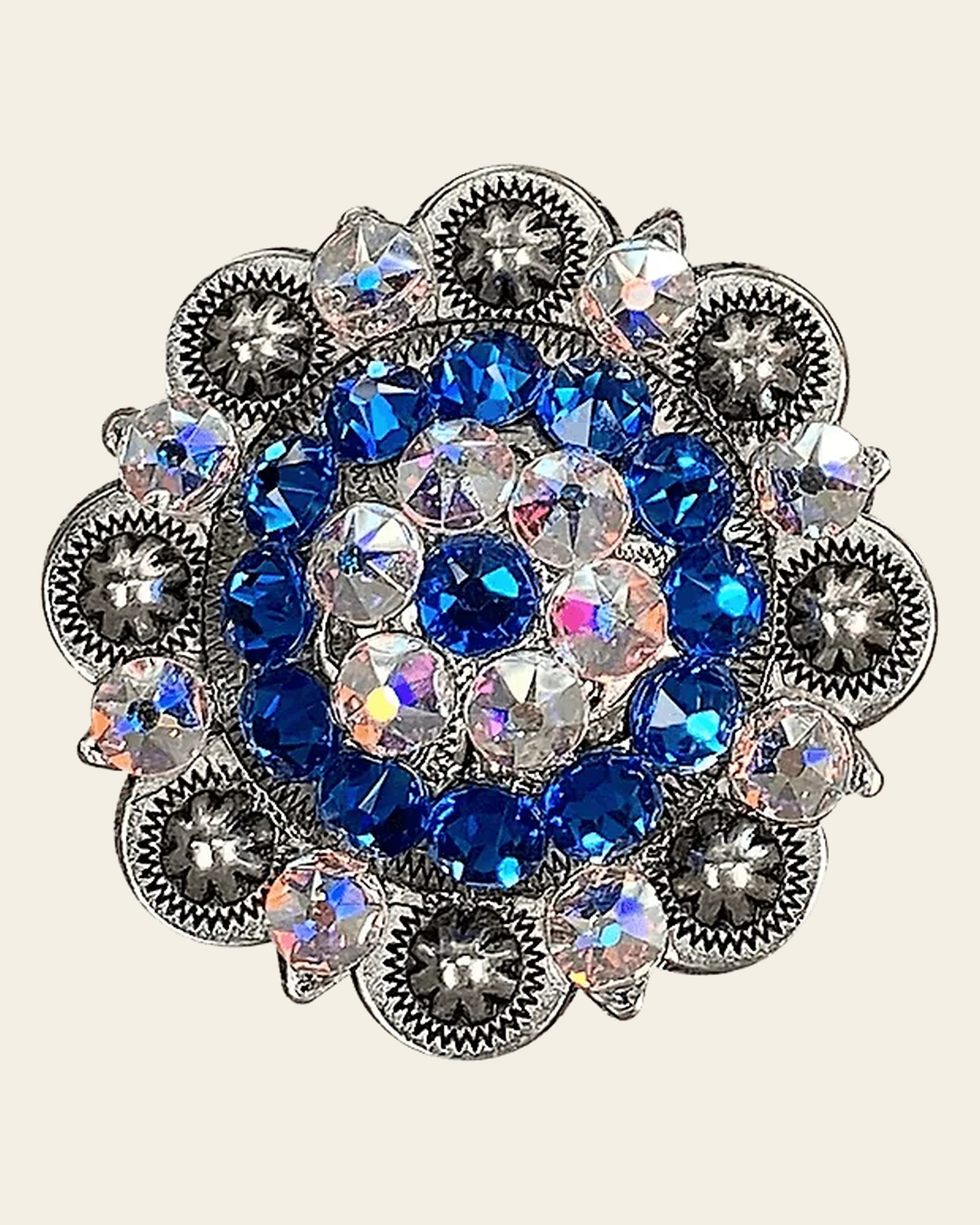 Capri & AB Antique Silver 2" European Crystal Concho on a warm cream background