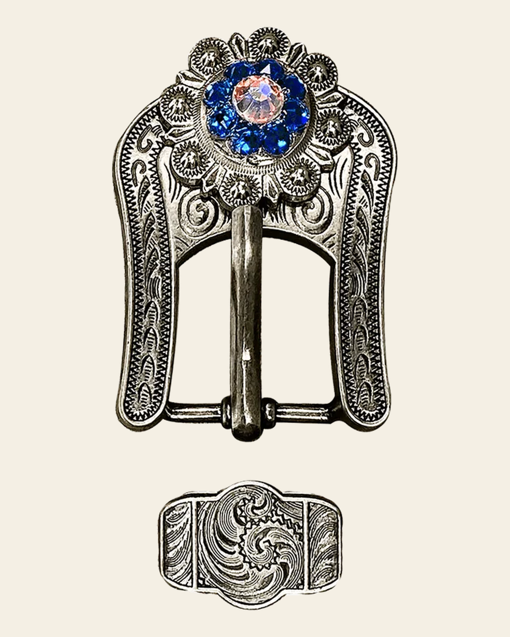 Capri & AB Antique Silver European Crystal Buckle Keeper Set on a warm cream background