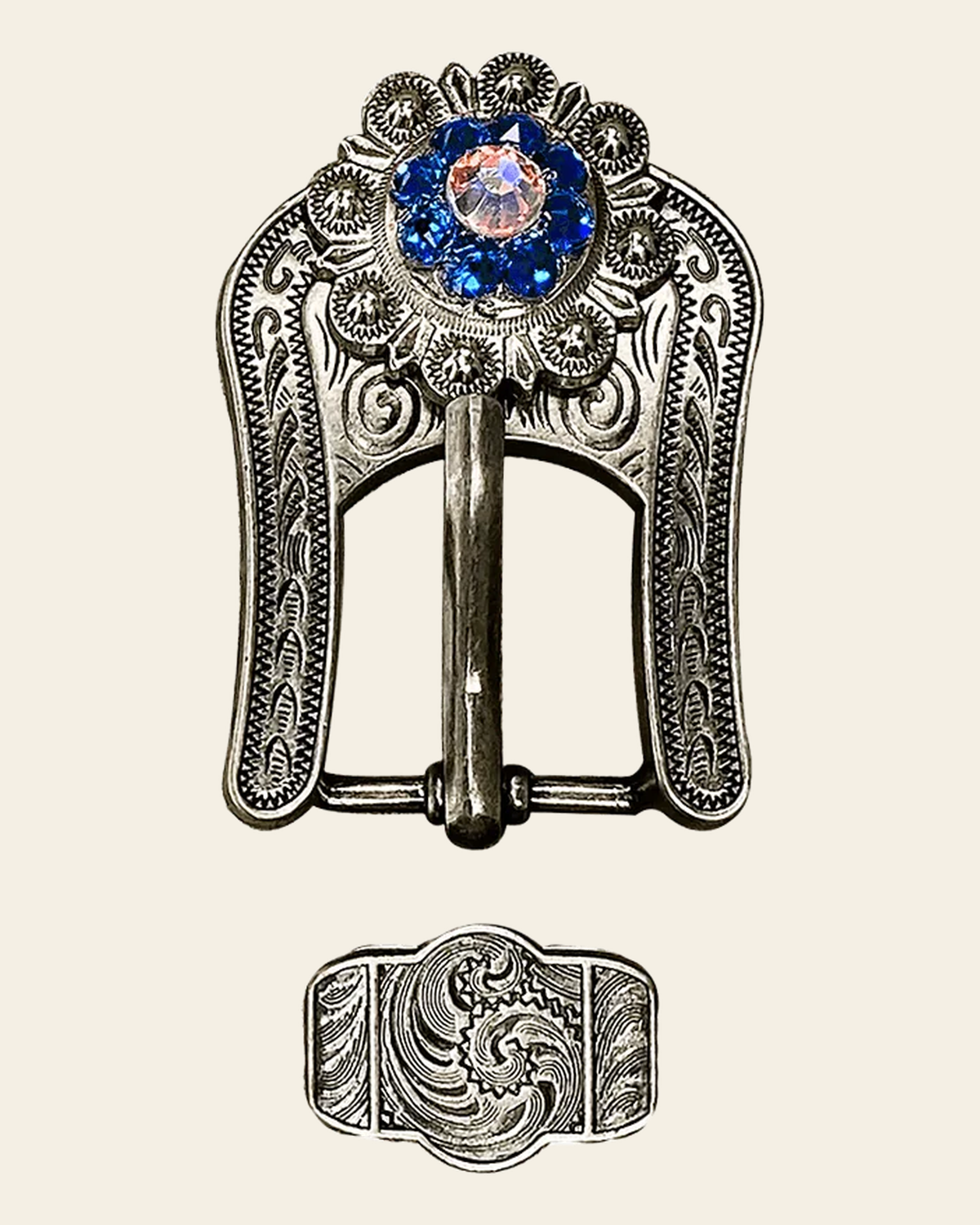 Capri & AB Antique Silver European Crystal Buckle Keeper Set on a warm cream background