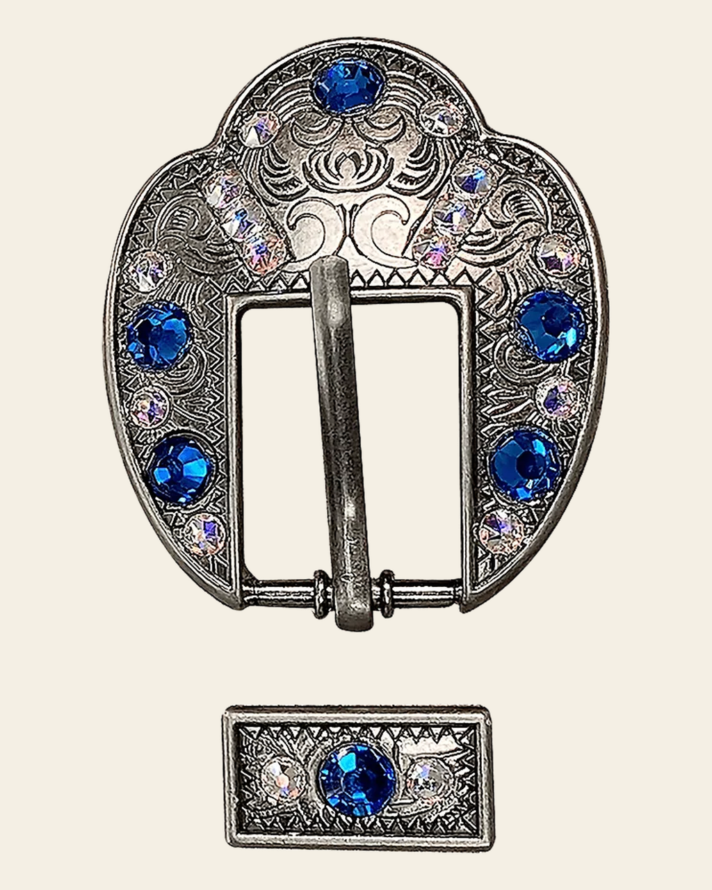 Capri & AB Antique Silver European Crystal Fancy Buckle on a warm cream background