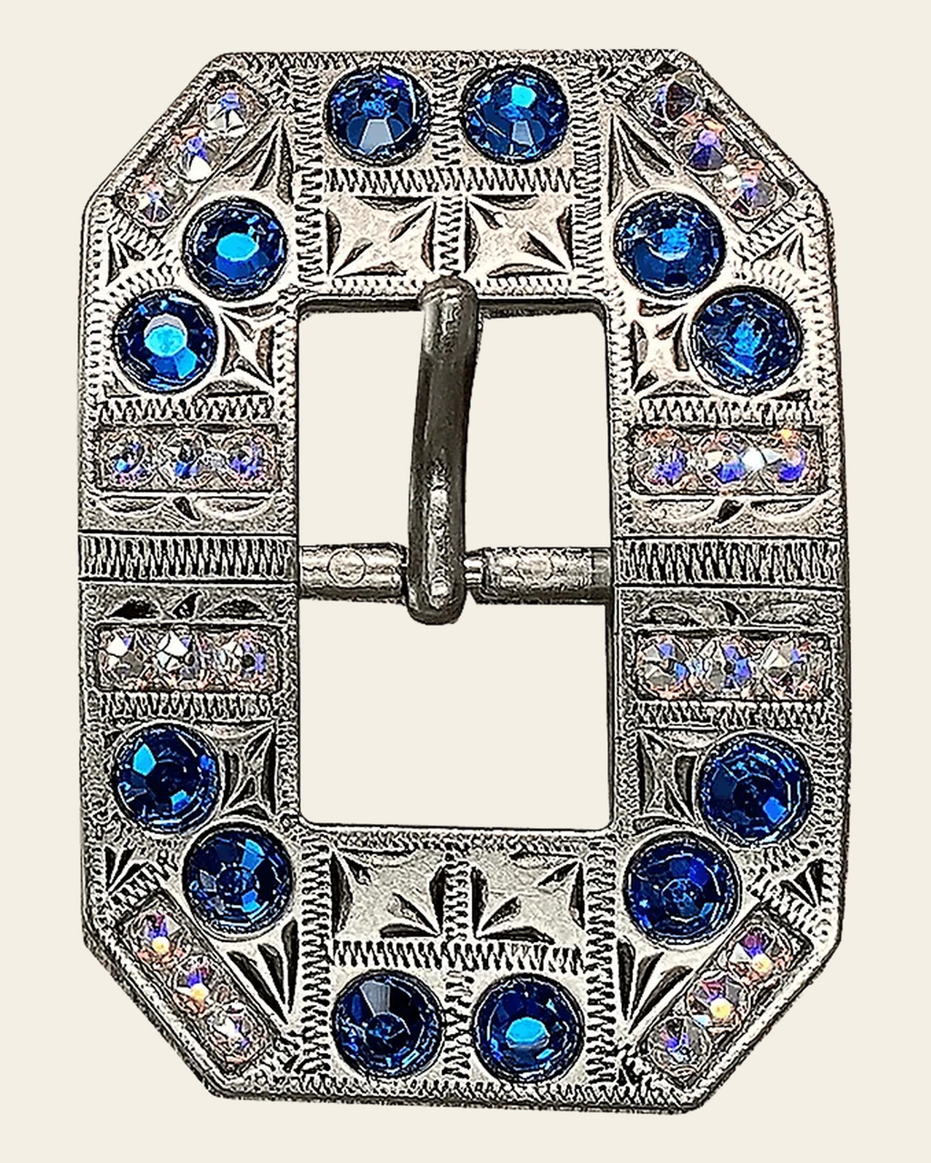 Capri & AB Antique Silver European Crystal Square Cart Buckle on a warm cream background