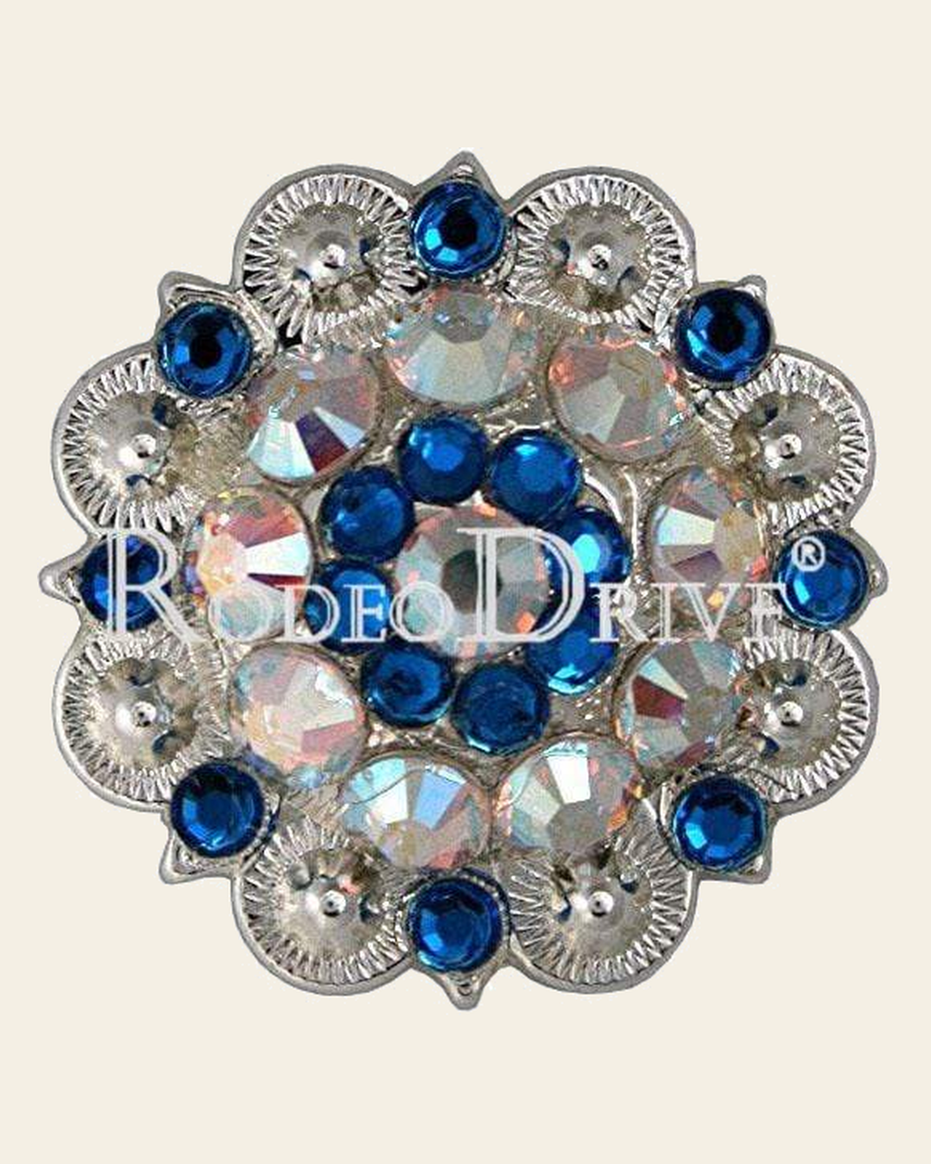 Capri & AB Bright Silver 1.5" European Crystal Concho on a warm cream background