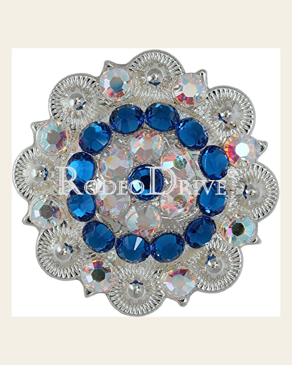 Capri & AB Bright Silver 2" European Crystal Concho on a warm cream background