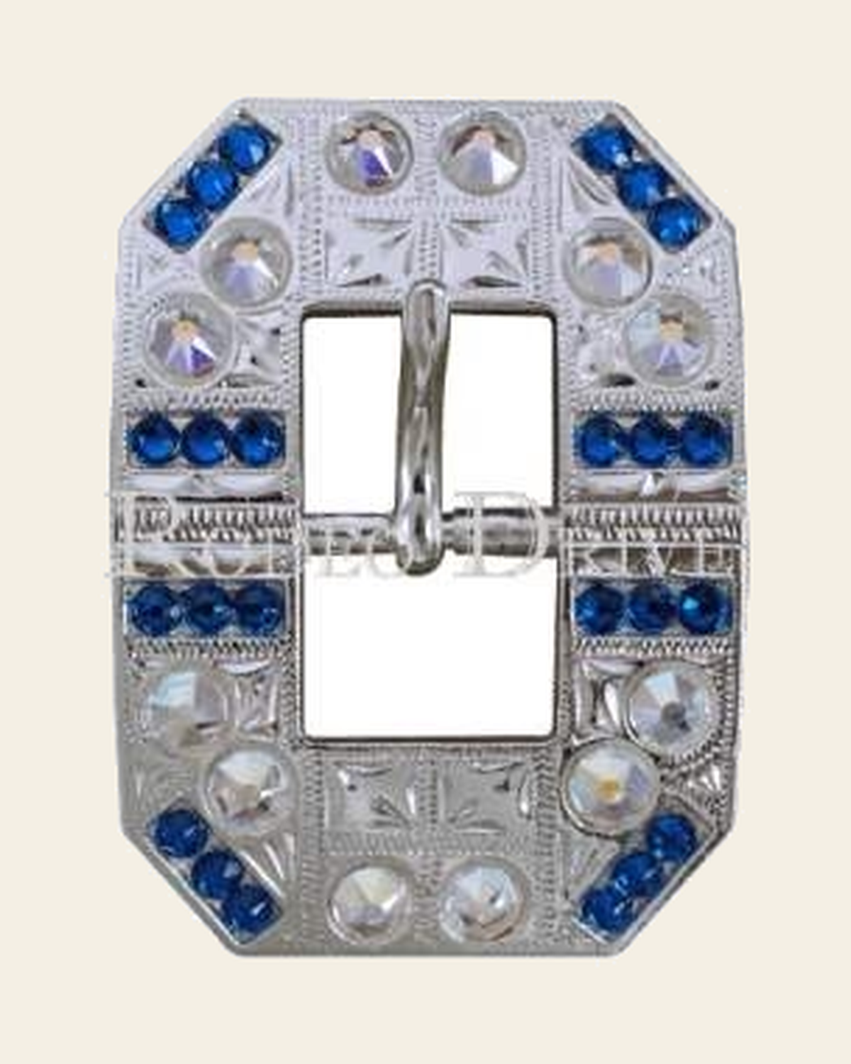 Capri & AB Bright Silver European Crystal Square Cart Buckle on a warm cream background