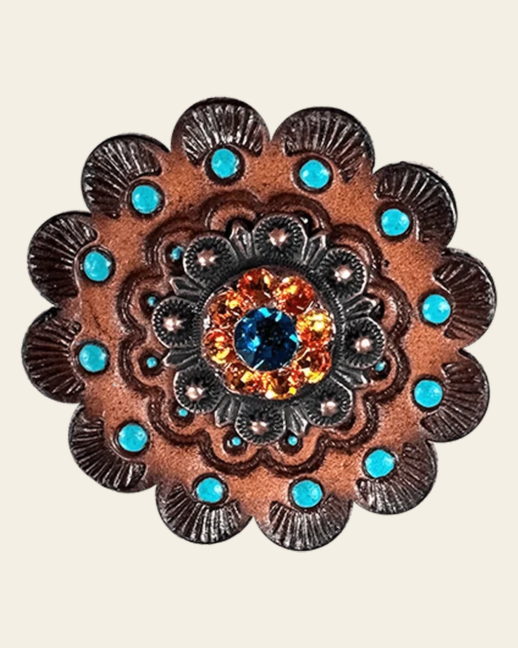 Capri & Fire Opal Copper 1" European Crystal Concho and Leather Rosette on a warm cream background