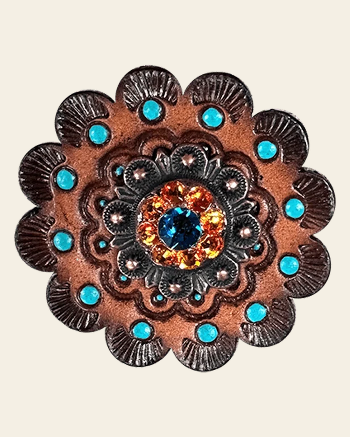 Capri & Fire Opal Copper 1" European Crystal Concho and Leather Rosette on a warm cream background