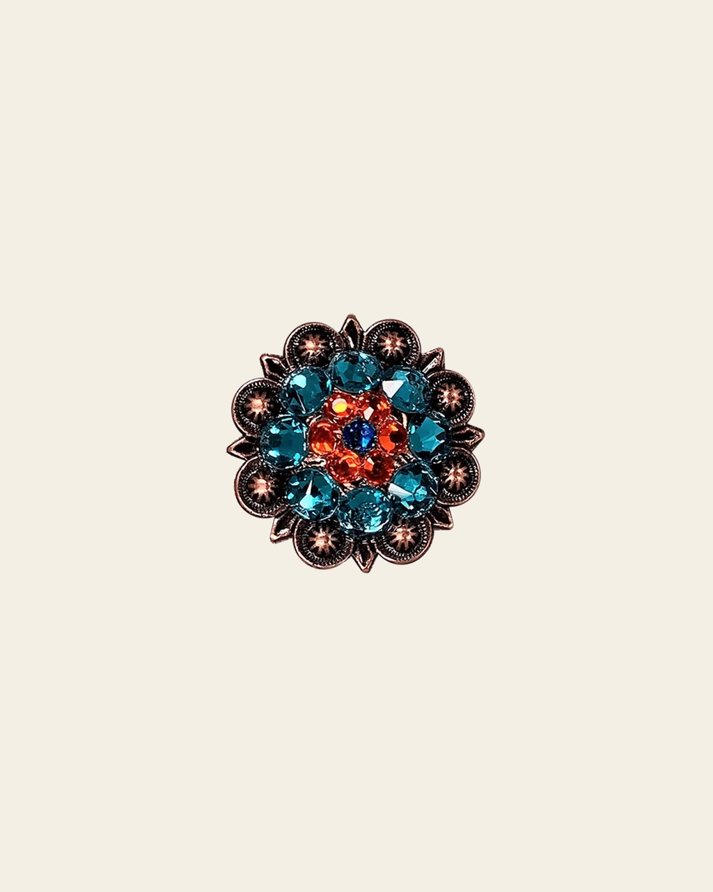 Capri Fire Opal & Teal Copper 1.25" European Crystal Concho on a warm cream background