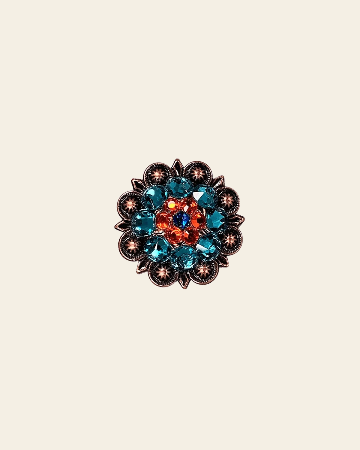Capri Fire Opal & Teal Copper 1.25" European Crystal Concho on a warm cream background