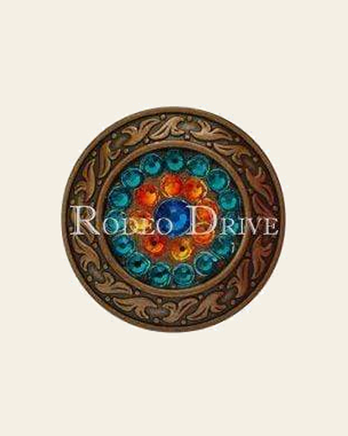 Capri Fire Opal & Teal Copper 1.5" Disc European Crystal Concho on a warm cream background