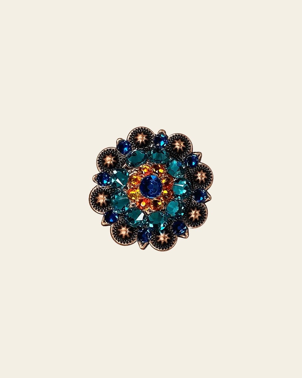Capri Fire Opal & Teal Copper 1.5" European Crystal Concho on a warm cream background
