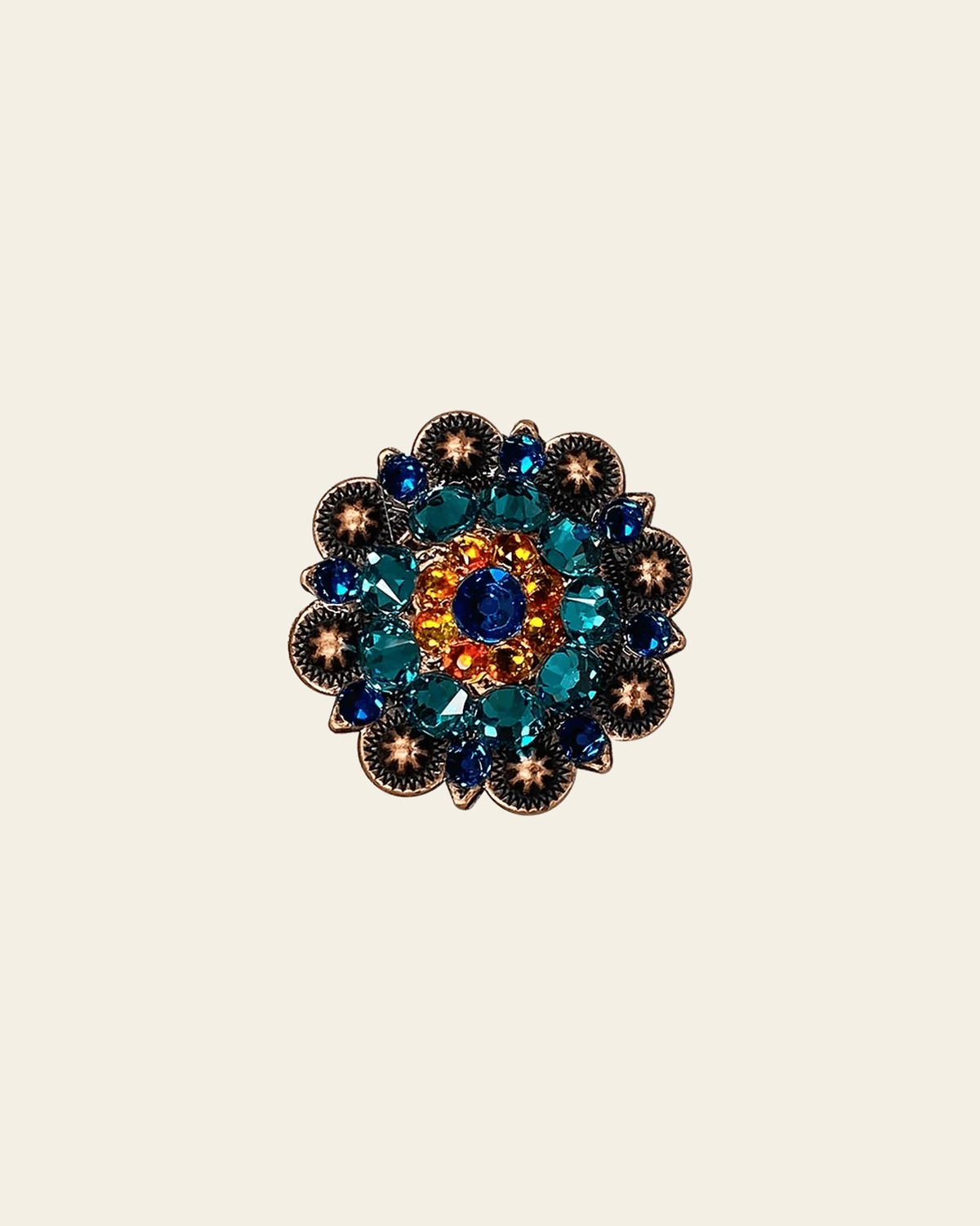 Capri Fire Opal & Teal Copper 1.5" European Crystal Concho on a warm cream background