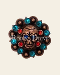 Capri Fire Opal & Teal Copper 1.75" Skull European Crystal Concho on a warm cream background