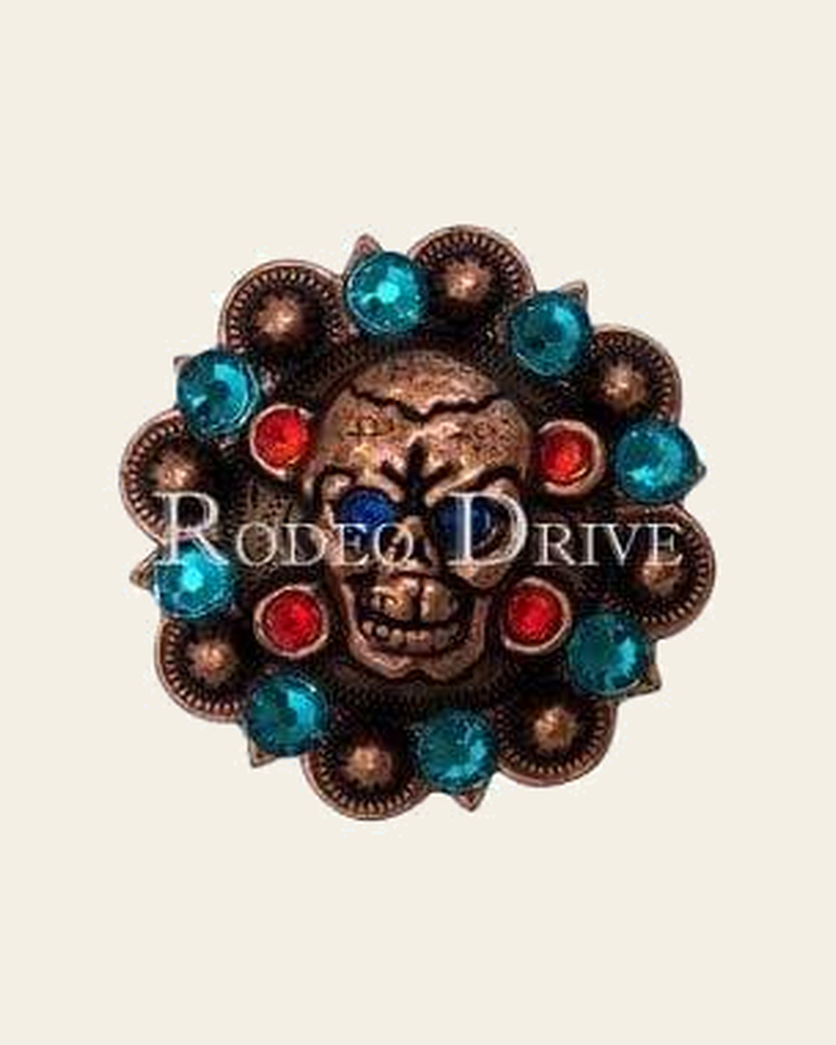 Capri Fire Opal & Teal Copper 1.75" Skull European Crystal Concho on a warm cream background