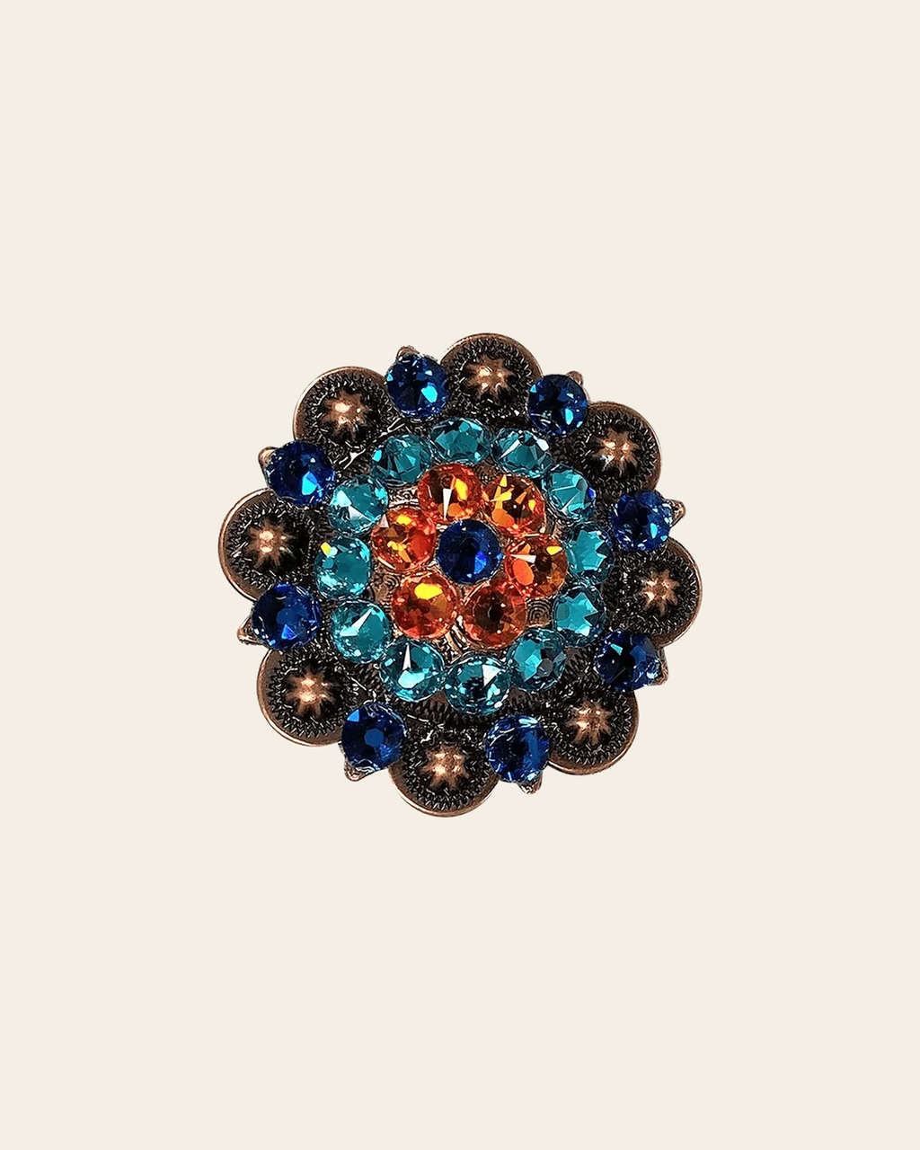 Capri Fire Opal & Teal Copper 2" European Crystal Concho on a warm cream background