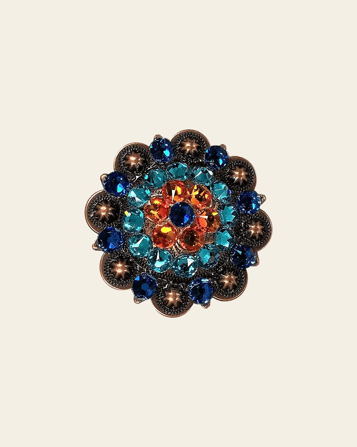 Capri Fire Opal & Teal Copper 2" European Crystal Concho on a warm cream background
