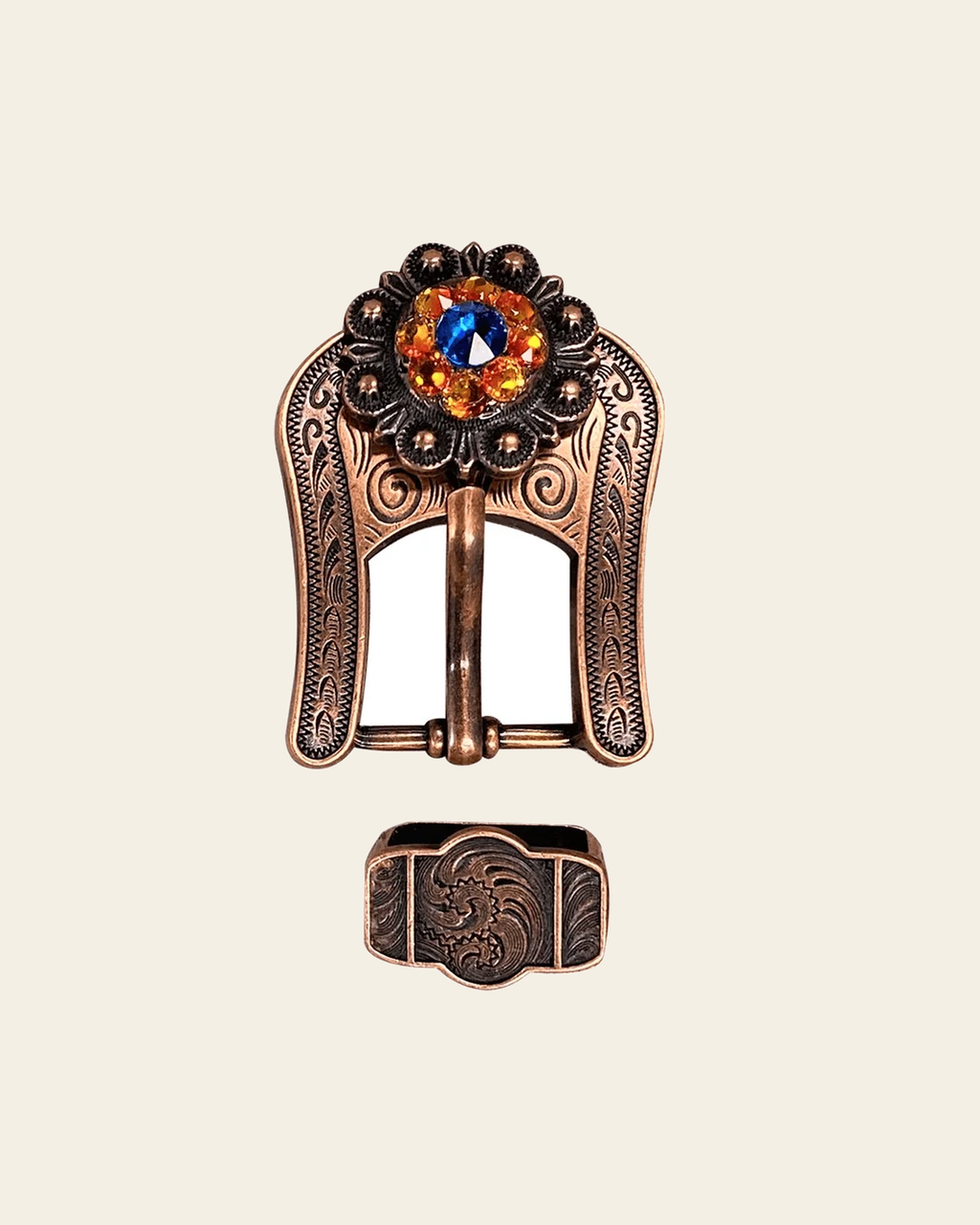 Capri Fire Opal & Teal Copper European Crystal Buckle Keeper Set on a warm cream background