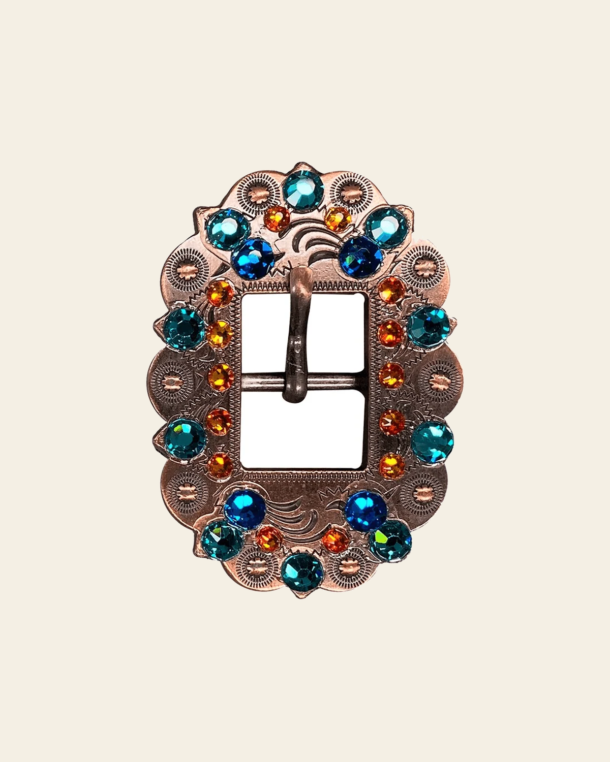 Capri Fire Opal & Teal Copper European Crystal Cart Buckle on a warm cream background