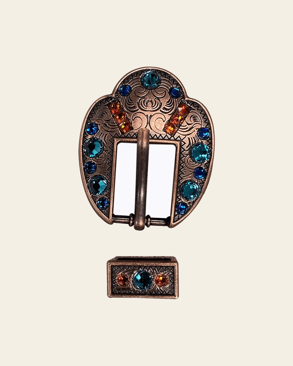 Capri Fire Opal & Teal Copper European Crystal Fancy Buckle on a warm cream background