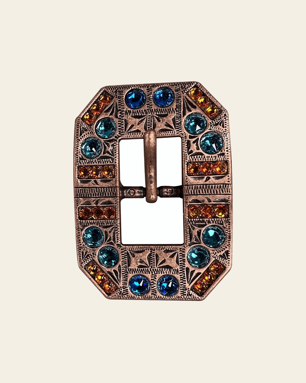 Capri Fire Opal & Teal Copper European Crystal Square Cart Buckle on a warm cream background