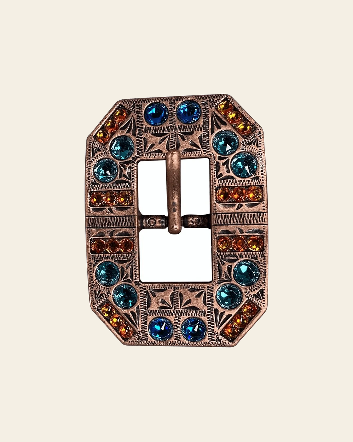 Capri Fire Opal & Teal Copper European Crystal Square Cart Buckle on a warm cream background
